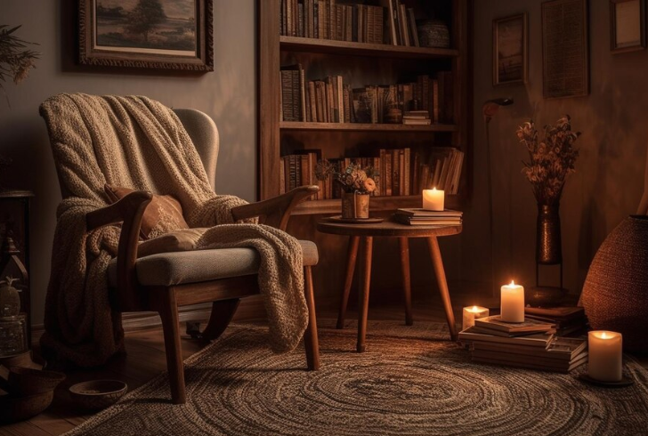In the corner of the room, a cozy armchair nestled beside a towering bookshelf adorned with decor books of every genre.